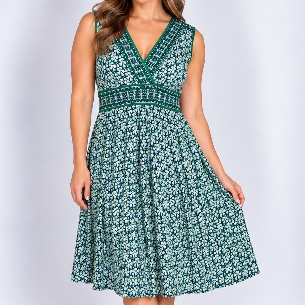 MSSP XL Green Floral Midi Dress Empire Waist Sleeveless Boho Cottagecore